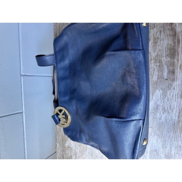 Michael Kors large navy blue pebbled leather tote shoulder bag MK logo gold hard - Picture 3 of 9